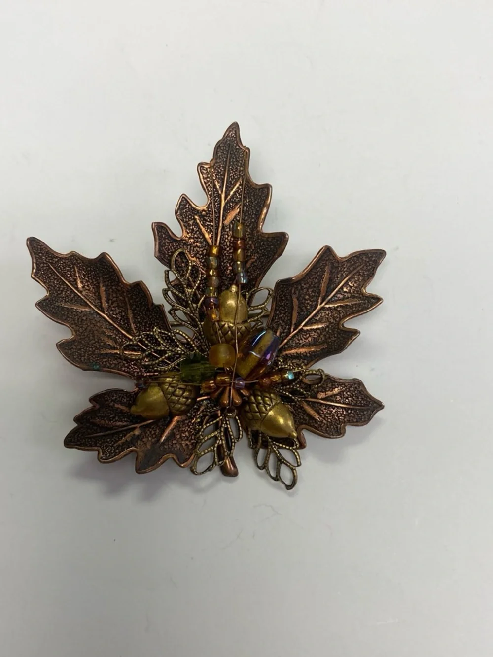 Vintage signed Autumn Leaf Acorn Brooch in Metallic Copper and Gold